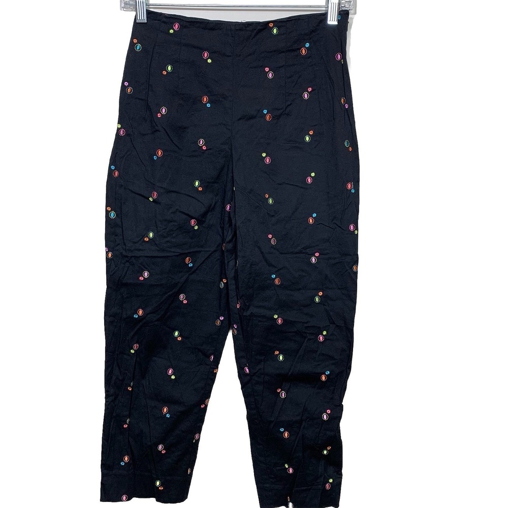 Jenni Max‎ Pants Women 4 Black Embroidered Jewel Neon High Waist Crop Side Zip